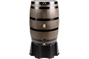 RTS Home Accents 50-Gallon Dual Spigot Rain Barrel, Flat Back Rain Water Collection Barrel, Stand Included, Woodgrain with Black Stripes