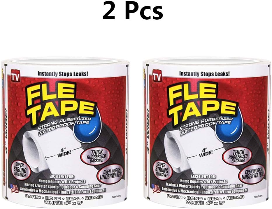 Flex Seal Waterproof Tape 4 inch x 5 Feet Flexible Sealing for Peel Roof Pipes Patch Holes Cracks Full Season (2 x White)