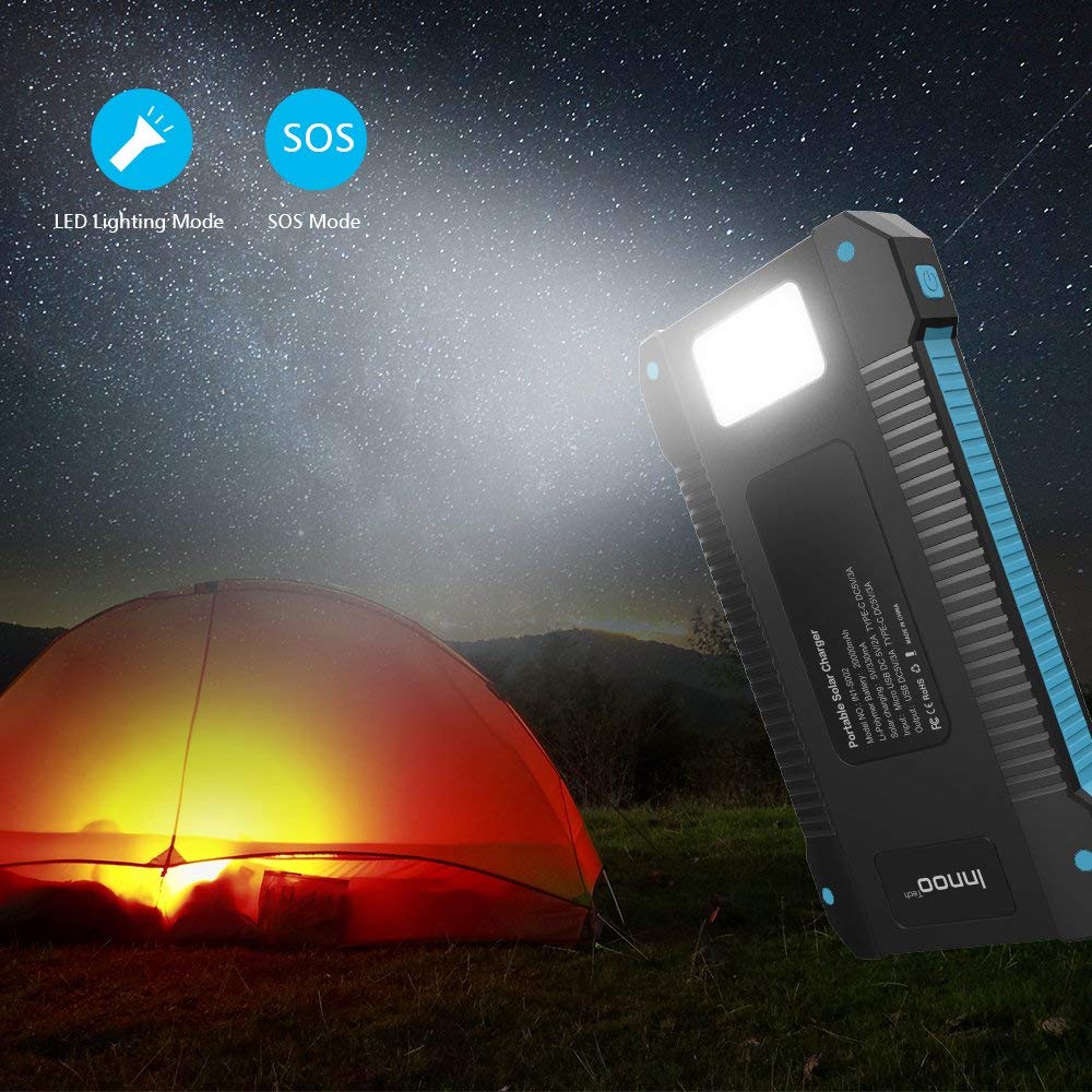 Innoo Tech Cargador Solar 20000mAh, Power Bank portátil con Batería Externa y Protección IP65 (a Prueba de Golpes, Agua, Polvo), Indicadores y Linterna LED para teléfono Android, Apple, Altavoces