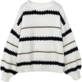 WDIRARA Women's Striped Sweater Crew Neck Long Sleeve Pullovers Knit Tops