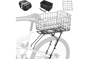 Fitense Rear Bike Rack with Basket- Bicycle Cargo Rack with Waterproof Cover, Liner and Cargo Net, Bike Storage Basket for 26" - 29" and 700c Bikes