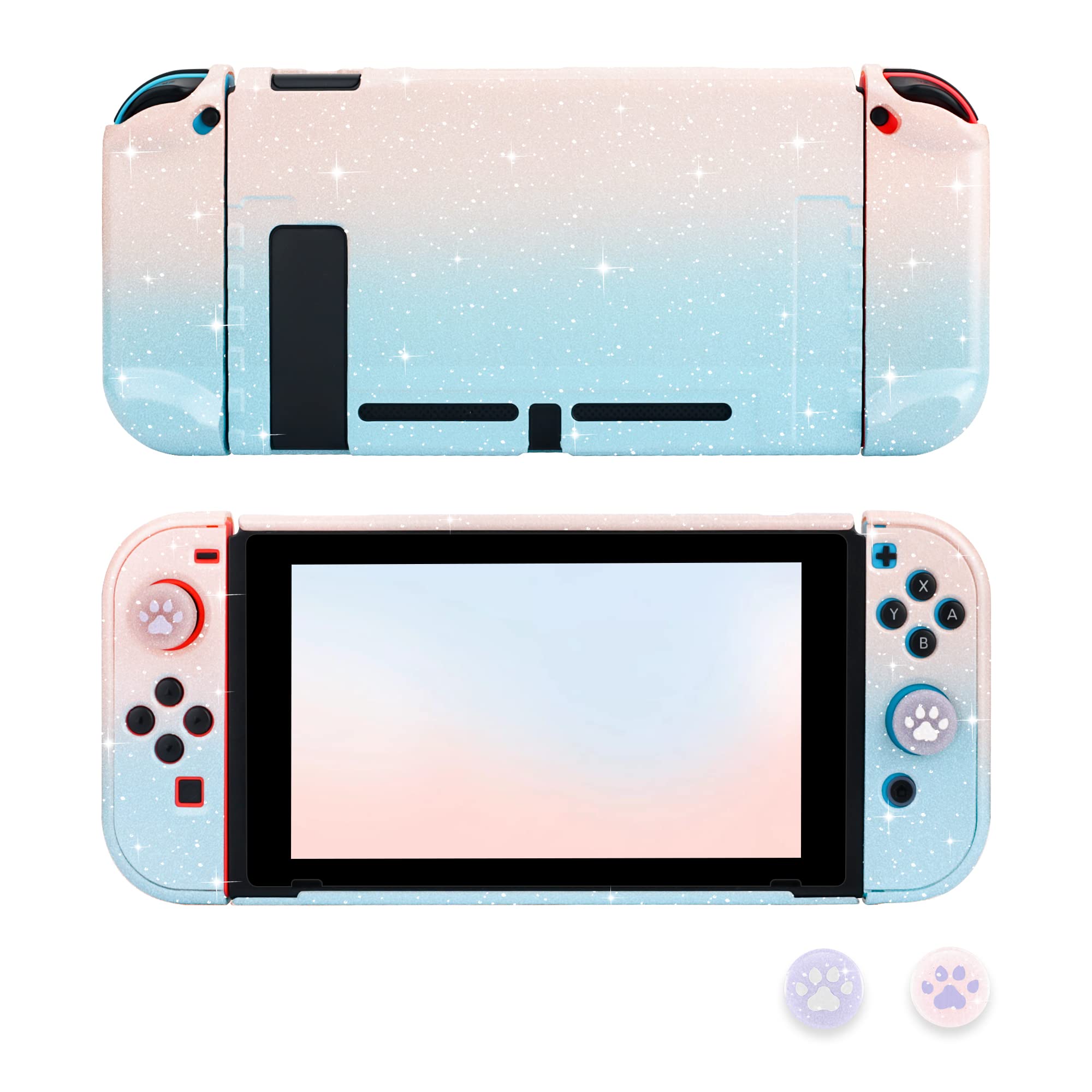 RHOTALL Cute Case for Nintendo Switch, Switch Accessories Kawaii Protective Cover Case for Switch and Joycon Controller with 2 Glitter Cute Cat Claw Thumb Grips (Pink & Blue)