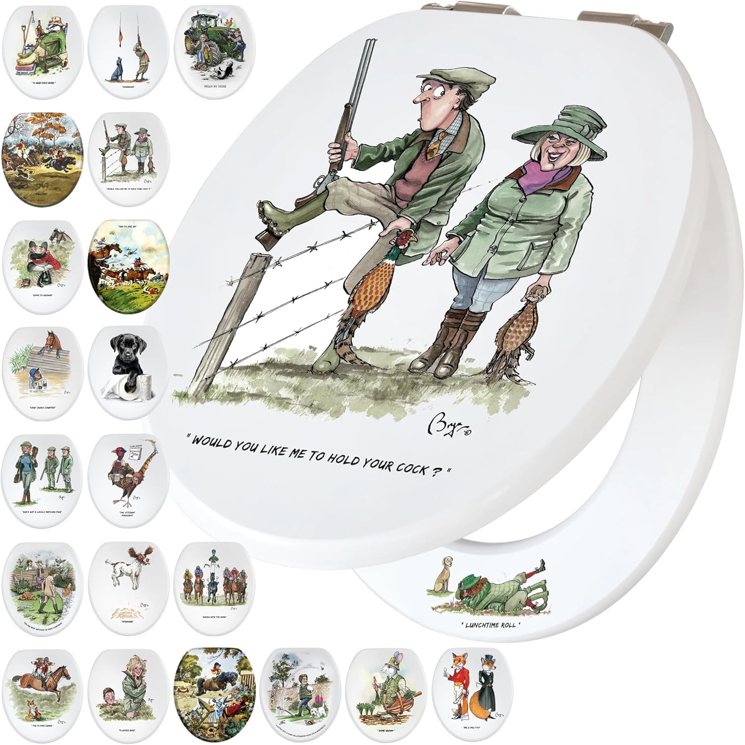 Fun Novelty Toilet Seat Soft Close, Easy Fit, Printed On 3 Surfaces With Bryn Parry Humorous Shooting Innuendo Art.Combine Functionality With Fun With This Great Gift Idea for Any Shooting Enthusiats.
