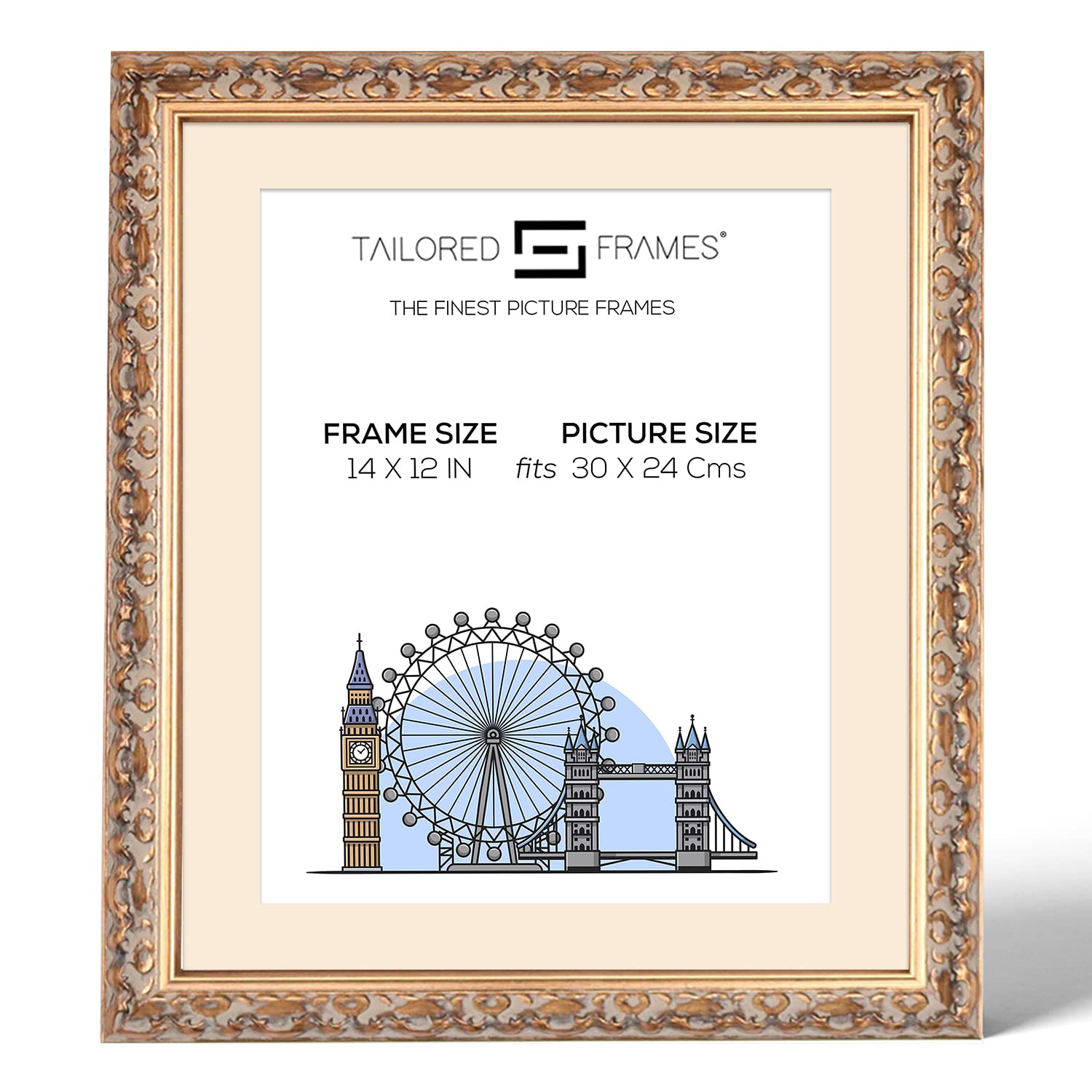 Tailored Frames Vienna Gold 14" x 12" Frame for 30 x 24 Cm Picture | Rustic Style Vintage Single Picture Frame | Wall Hanging Type | Photo Frame with Antique White Mount