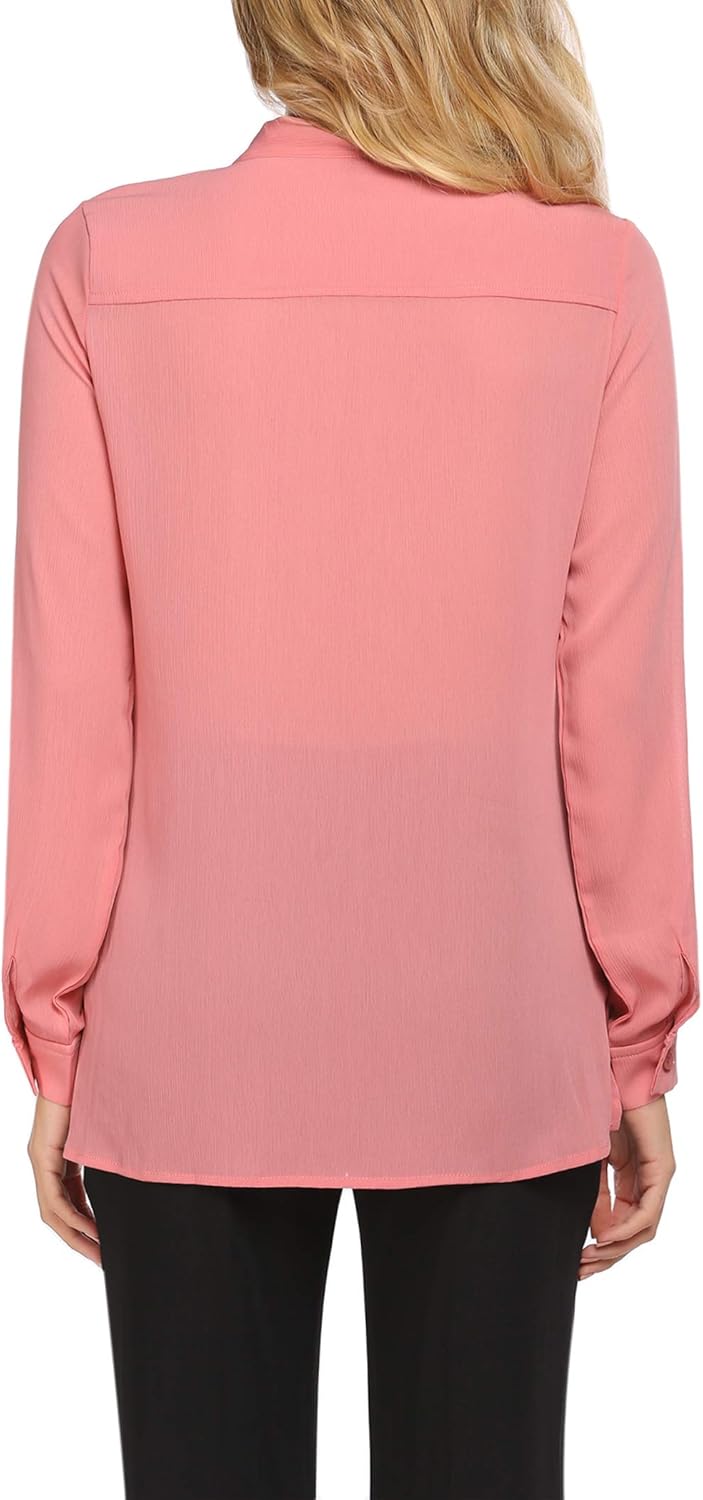 Chigant Women Bow Tie Neck Chiffon Blouses Sheer Long Sleeve Shirts Work Office Blouse Top: Clothing