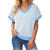 Tankaneo Womens V Neck Short Sleeve T-Shirts Oversized Knit Striped Tops 2026 Trendy Casual Loose Tees