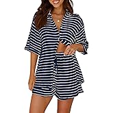 Tankaneo Womens Striped 2 Piece Sets Short Sleeve Button Down Shirt and Shorts Waffle Knit Pajama Lounge Set Summer Outfits
