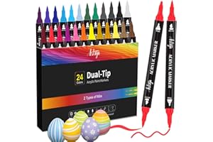 24 Colors Acrylic Paint Pens, Dual Tip Pens With Medium Tip and Brush Tip for Rock Painting, Ceramic, Wood, Plastic, Calligra