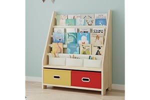 EXPERLAM 4 Tier Kids Book Shelf, Wooden Kids Book Rack Storage Bookshelf with Toy Storage Organizer, Toddler Sling Bookshelf for Boys, Girls, Kids Room, Red/Yellow