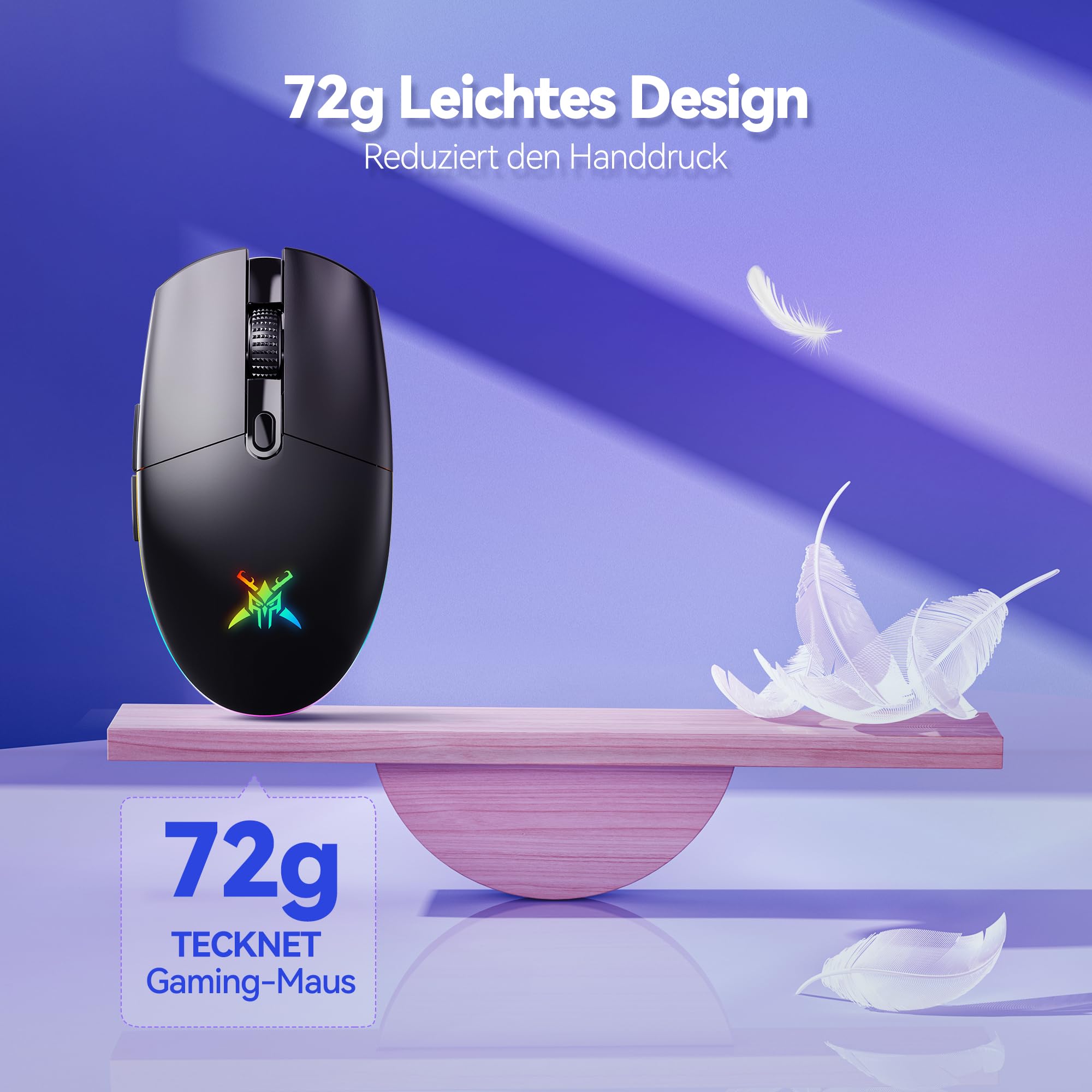 TECKNET Kabellose Gaming-Maus, RGB 2.4G/USB-C Kabelgebundene Gaming-Maus, 8000 DPI Wiederaufladbar, PC Gaming Mouse mit Programmierbaren Tasten, 72g Ultraleicht Maus für Windows XP/11/10/8/7 usw 7