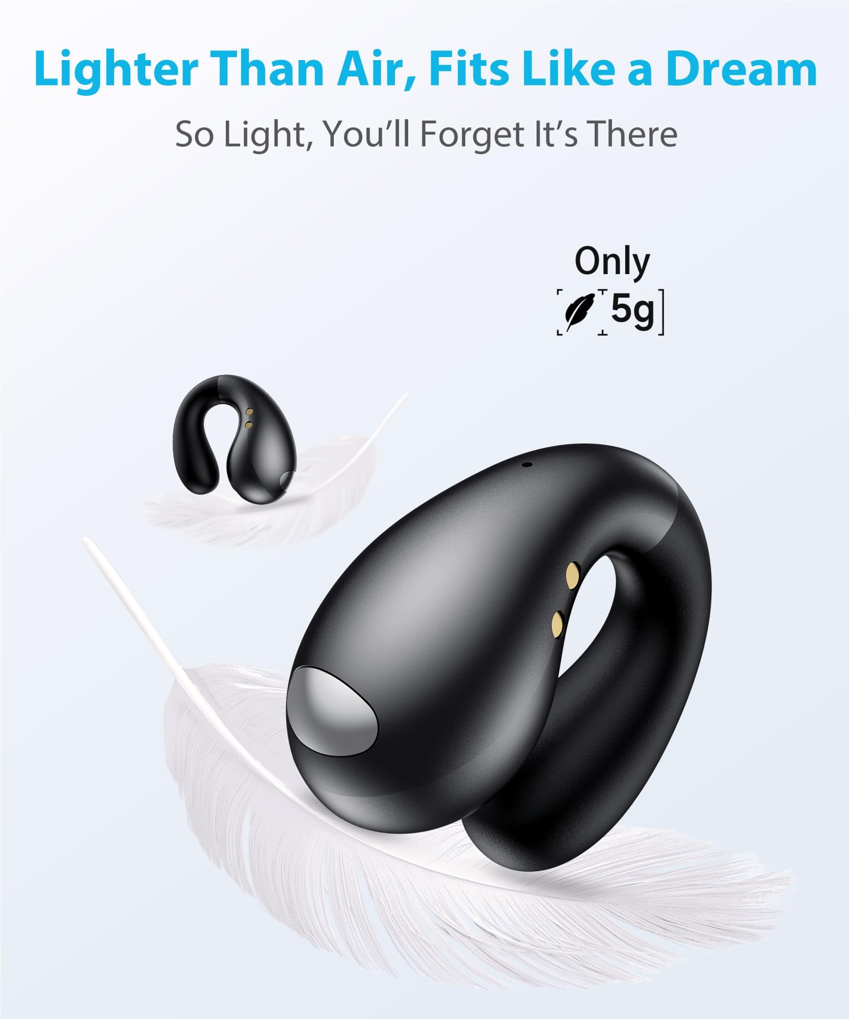 Ultra Open Ear Earbuds - Ergonomic Clip-On Earbuds, Bone Conduction Over-The-Ear Headphones with Waterproof Design and Secure Fit for Small Ears, Obsidian Black