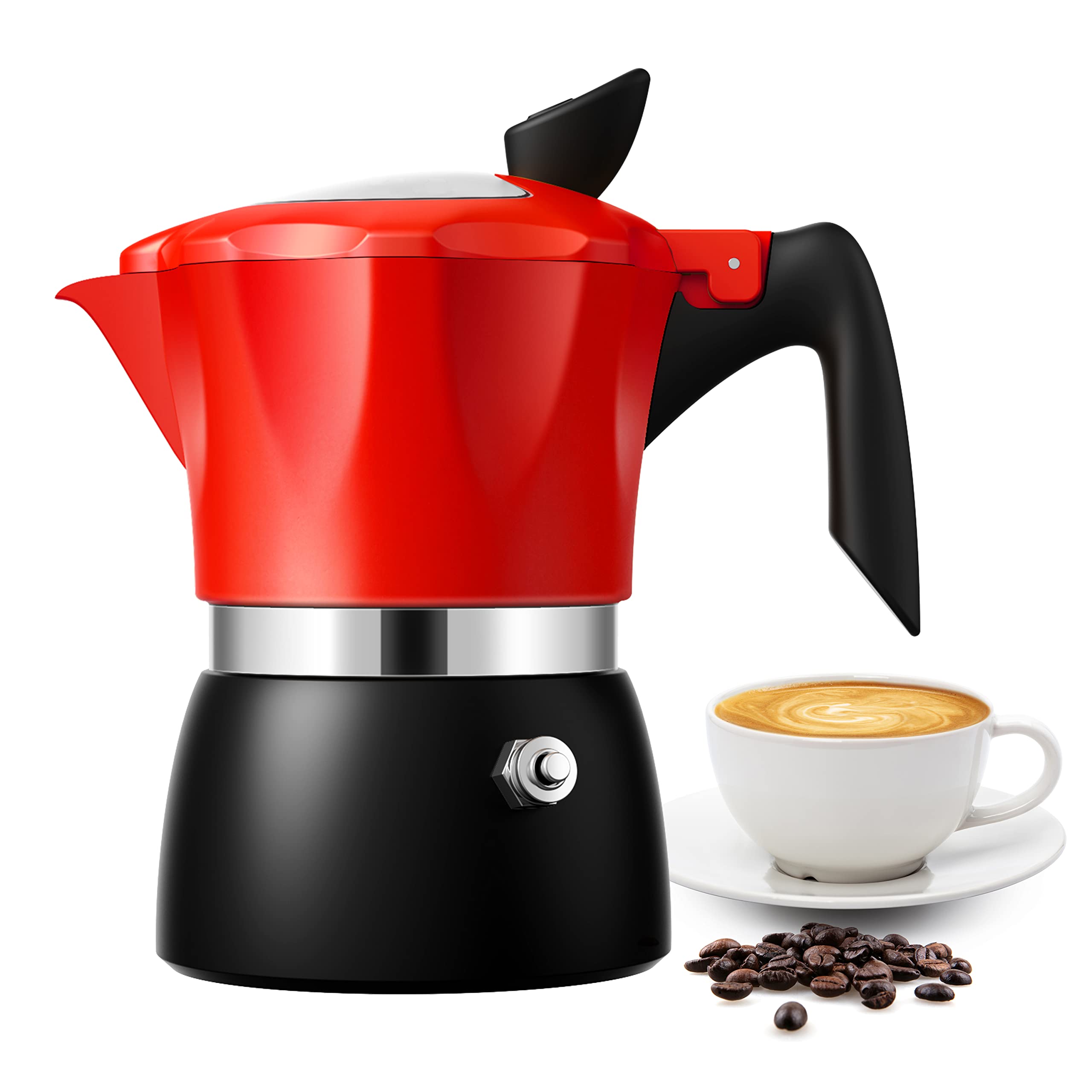 TWOMEOW Stovetop Coffee Maker Espresso Italian Moka Pot with Transparent Top Lid, 150ml-3 Espresso Cups, Classic Aluminium Coffee Percolator, Red/Black