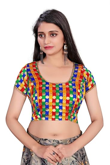 Pinal Fashion Women's Silk Brocade Fabric - Double Stitched, Back Open, Round Neck, Non Padded Saree Blouse (Multicolor, 32)