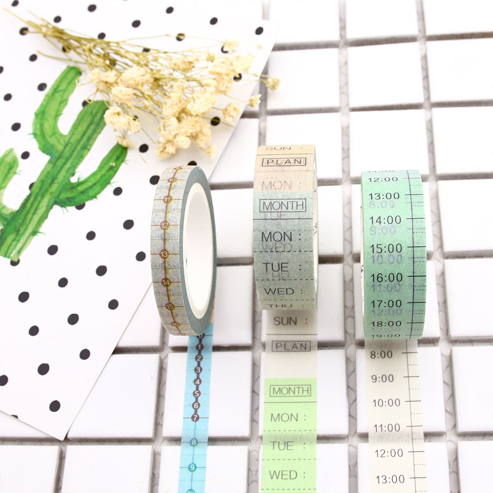 Washi Tape Set, Time Plan Washi Tape, Monthly/Week/ Daytime Decorative Masking Tape with Green Plants Stickers for Scrapbooking, Notebooks DIY Crafts, Album, Bullet Journals