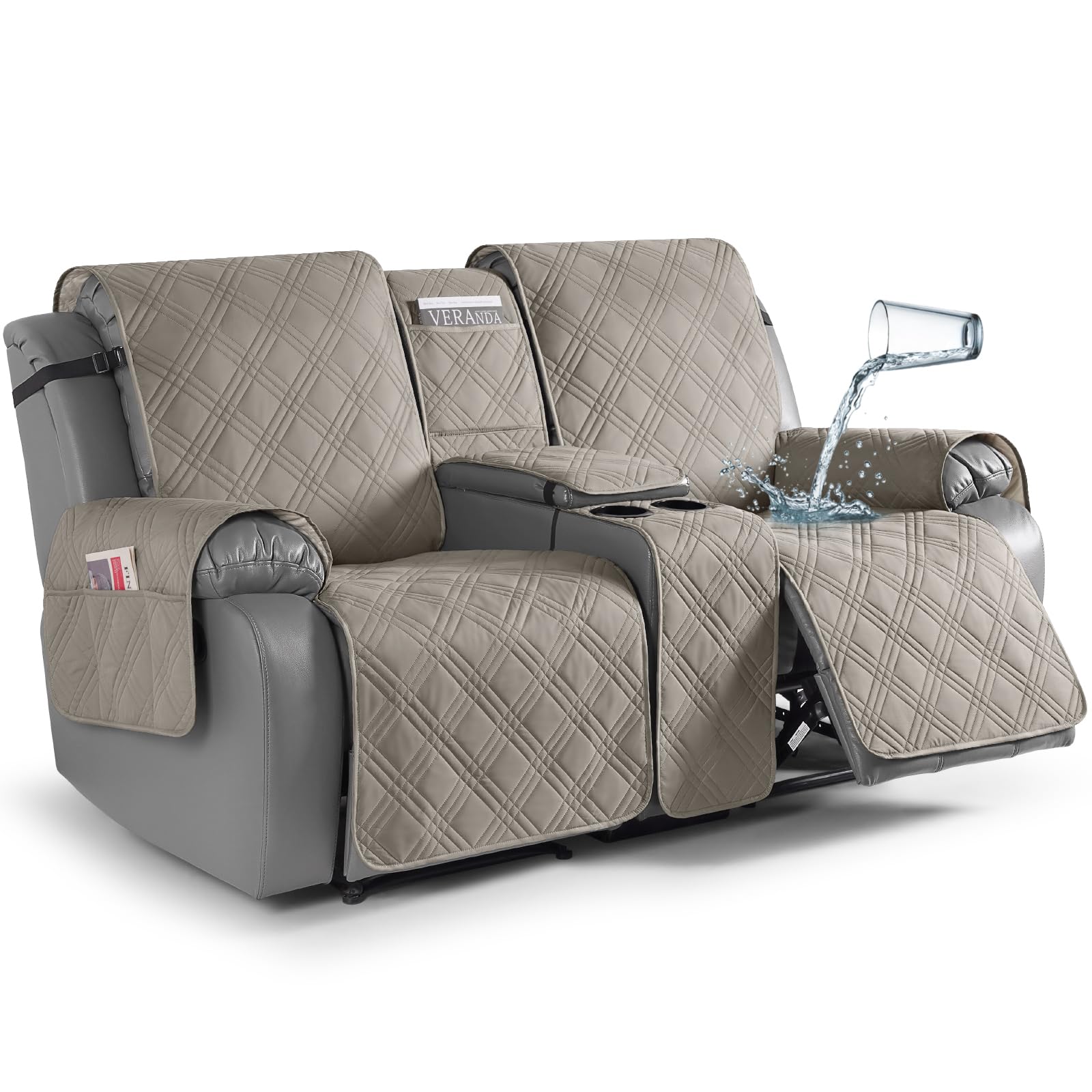 Photo 1 of TAOCOCO Loveseat Recliner Cover with Center Console, 100% Waterproof Pet Covers for Dual Recliner with Straps Design, Split Reclining Loveseat Cover Furniture Pet&Kid Protector (2 Seater, Light Brown)