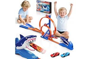 VATOS Shark Toys Car Track Set, Dual Loop Race Track Toy for Boys, Shark Car Racing Tracks with 2 Race Cars & Launchers, Jumping Raceway Playset Kids Toys Gift for Boys Girls 3 4 5 6 7 8 Year Old