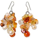 NOVICA Artisan Handmade Cultured Freshwater Pearl Carnelian Cluster Earrings Beaded .925 Sterling Silver Red Orange Dangle Thailand Celosia Birthstone 'Summer's Glow'