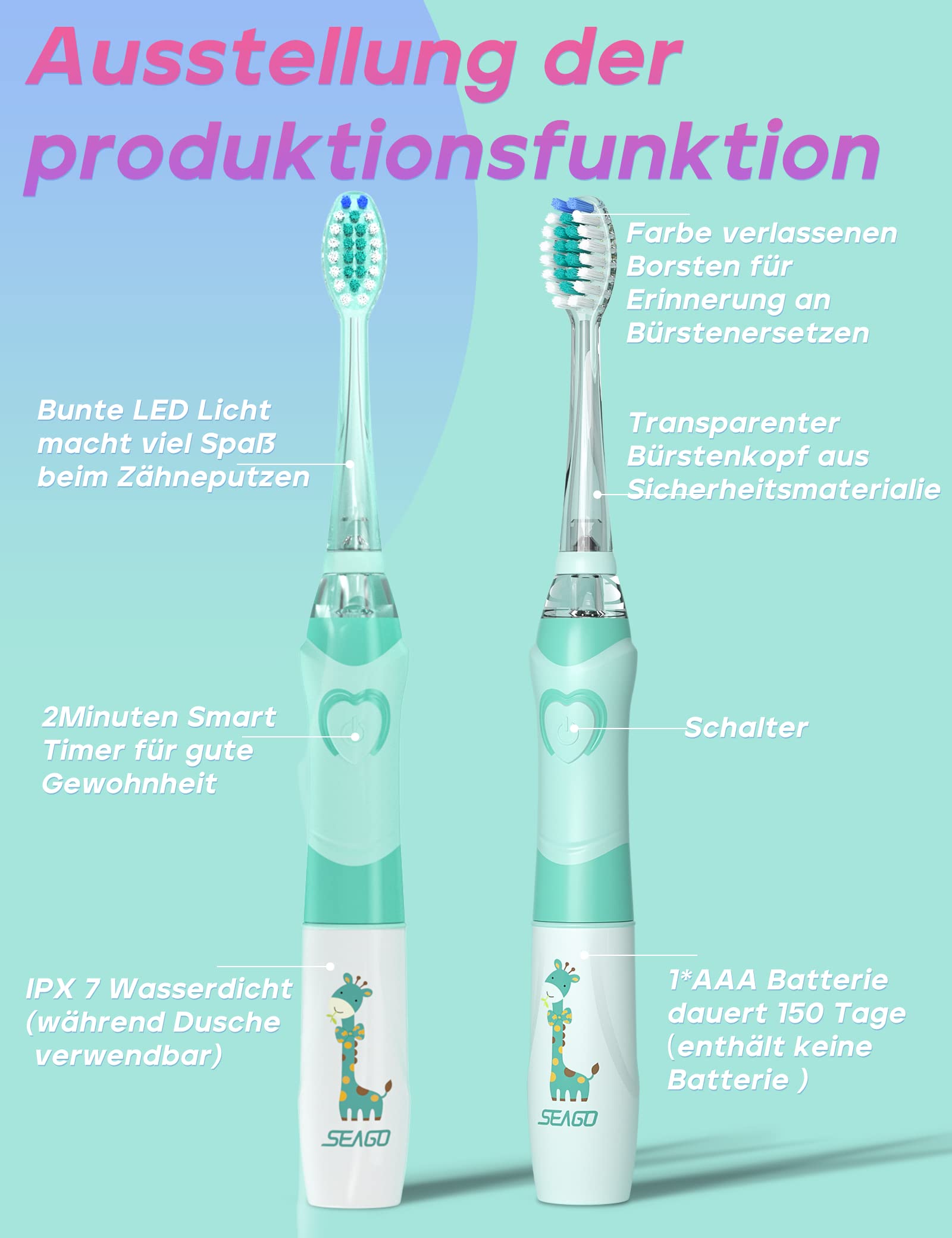 Seago Elektrische Zahnbürste Kinder ab 2, Kinderzahnbürsten mit 4 Extra Weiche Bürstenköpfe und LED Licht, 4 Modi 24000VPM Smart Timer Schallzahnbürste für Kleinkind Mädchen Jungen SG977(Grün) 5