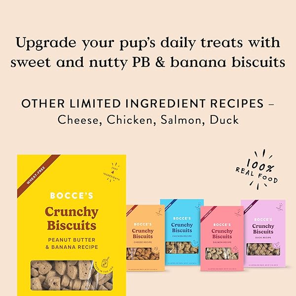 BOCCE’S BAKERY OVEN BAKED PB & BANANA RECIPE TREATS FOR DOGS, WHEAT-FREE DOG TREATS, MADE WITH REAL INGREDIENTS, BAKED IN THE USA, NATURAL PEANUT BUTTER & BANANA BISCUITS, 14 OZ