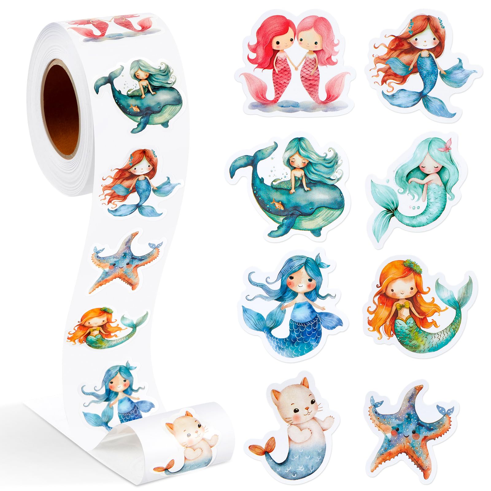 Photo 1 of Qeeenar 1 Roll Animal Stickers Decal Reward Cute Office Supplies Incentives Animals Sticker Halloween Party Favor, 500 Pcs Each Roll(Mermaid)
