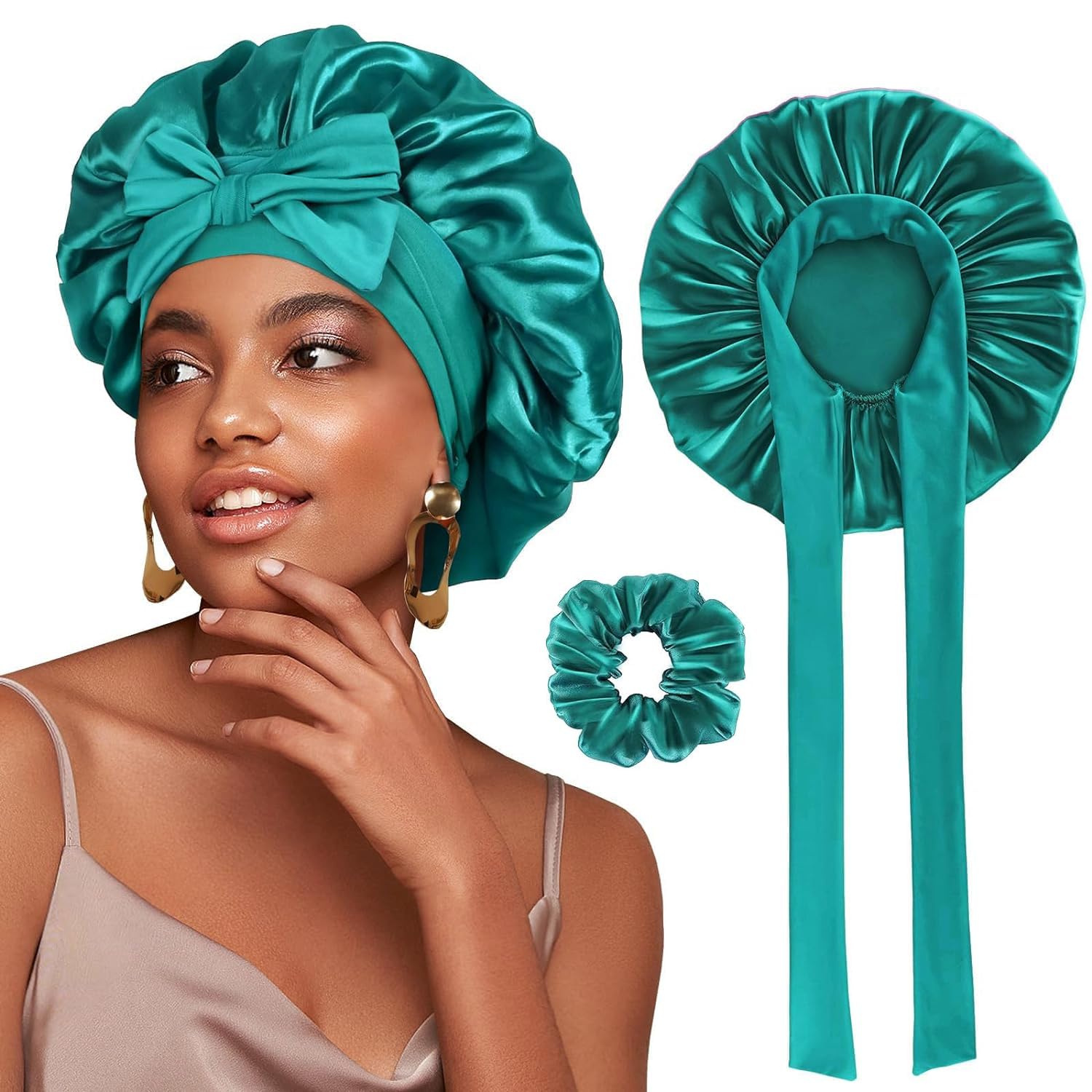 FOLAI Satin Bonnet,1PC Silk Sleep Bonnets for Women, Adjustable Satin Night Sleeping Cap Soft Elastic Band Silk Bonnets for Sleeping, Hair Bonnet with Tie Band for Curly Hair Braid Women (Green)