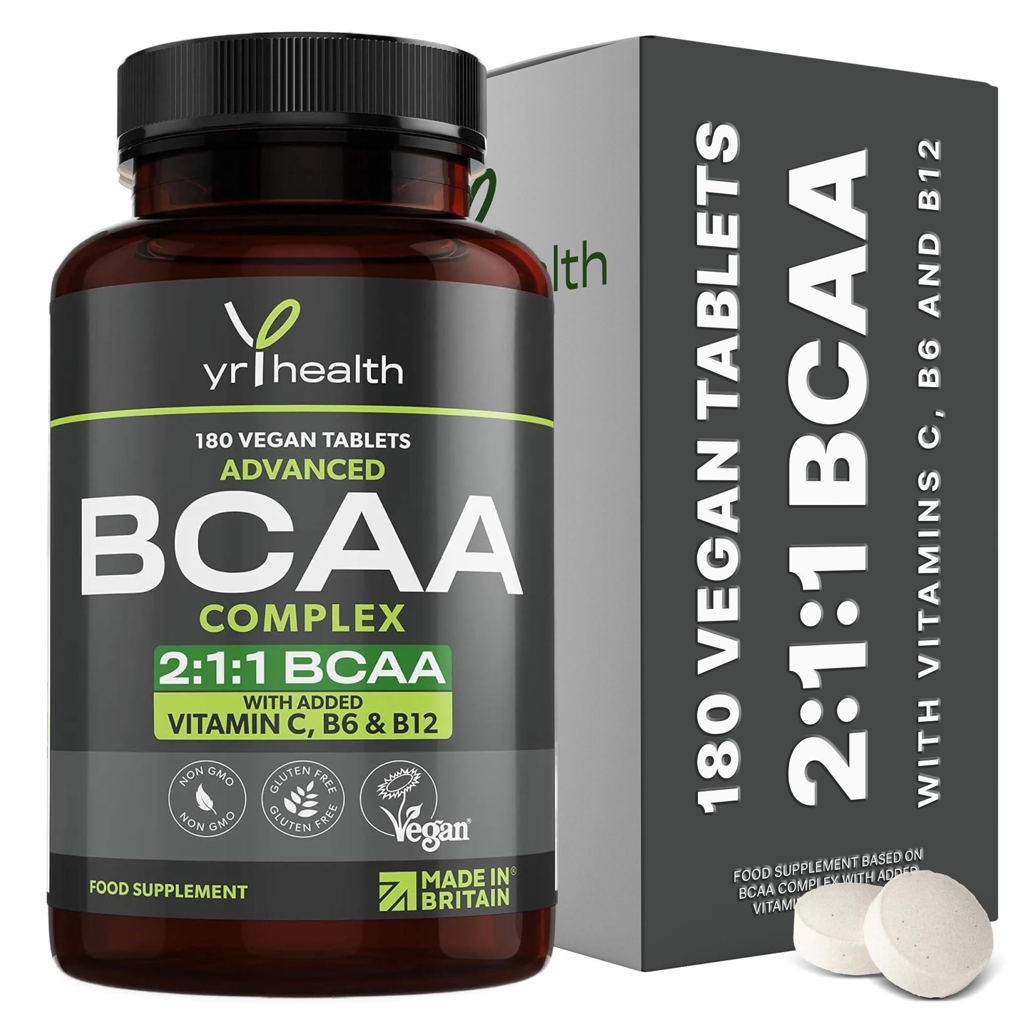 Vegan BCAA Tablets 1500mg - 2:1:1 BCAAs Branch Chain Amino Acids L-Leucine, L-Isoleucine, L-Valine with Vitamin B6, C & B12-180 Tablets not Capsules - Made in The UK by YrHealth