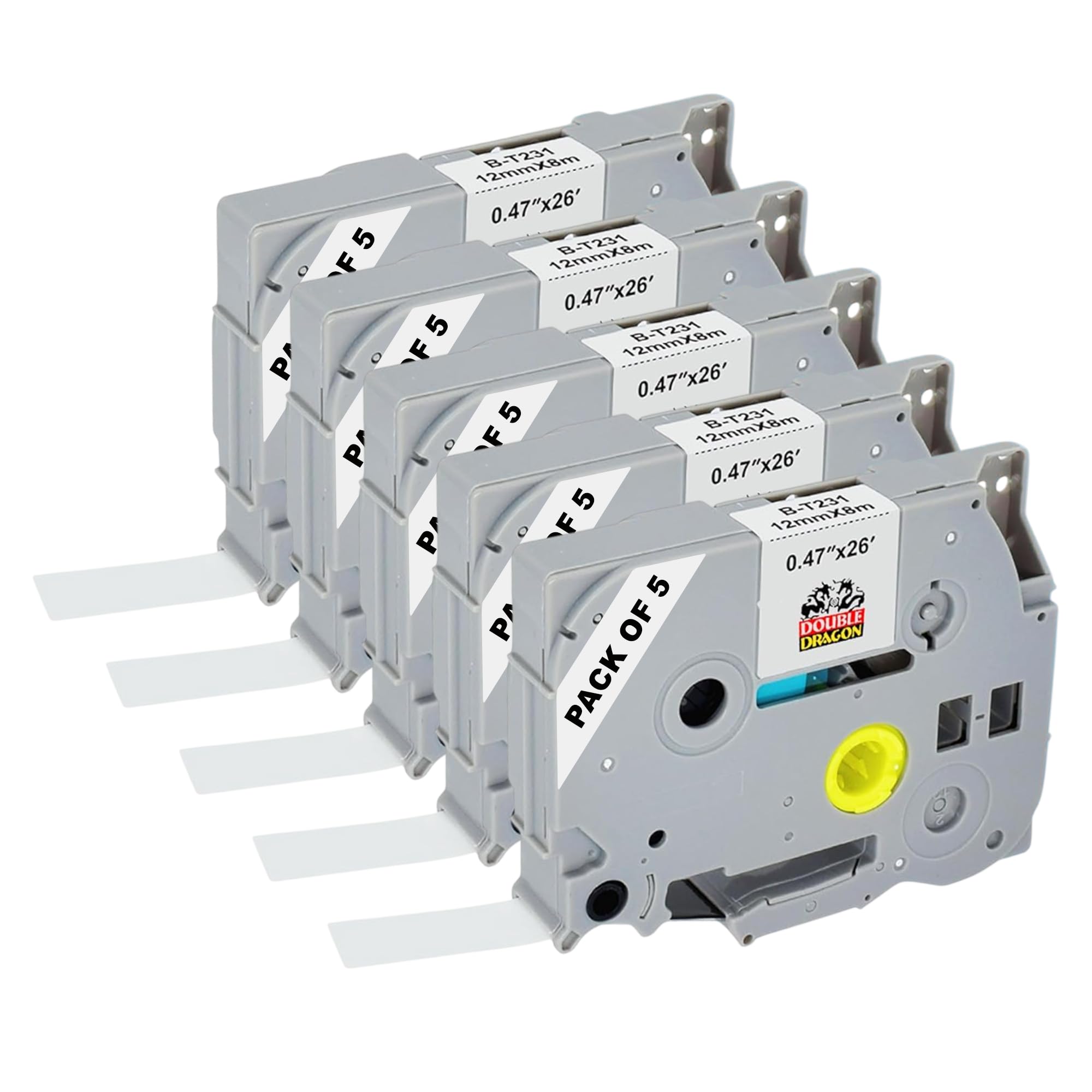 Double Dragon Compatible TZe-231 Label Tape 12mm (0.47") Black on White, for Brother P-Touch PT-H110, PT-E110, PT-1000, PT-P300BT, H105, H101C, H200, GL-H105, PT-1080, Laminated Tape Cassette, 5-Pack
