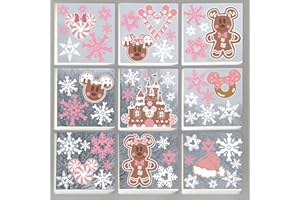 GUPESXU 9Sheets Pink Christmas Window Clings Gingerbread Decorations Ginger Bread Man Mouse Castle Snowflake Xmas Decor Merry Christmas Decals for Office Home Winter New Year Hotel Decorations