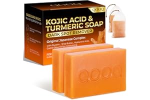 QOOQ Turmeric Kojic Acid Soap for Dark Spots Brightening – Facial Cleansing Bar with Vitamin C, Retinol, Collagen, Vitamin E, Glycerin, Shea Butter & Castile Olive Oil – Soap for Women & Men (120g x 2)