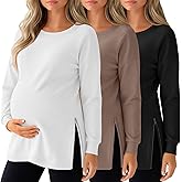 Sweetyweee 3 Pack Women's Maternity Shirts Long Sleeve T-Shirts Cotton Zipper Split Side Tops Casual Loose Pregnancy Clothes