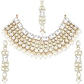 Aheli Faux Kundan Choker Necklace with Earring Maang Tikka Indian Traditional Bollywood Ethnic Bridal Jewelry Set Gift for Women