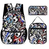 Soccer Backpack with Lunch Box & Pencil Case for Kids Girls Boys School, 16 Inch Cool Soccer Bookbag, School Backpack for Students Children, sustainable, Lightweight, Large Capacity