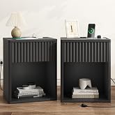 Fluted Black Nightstands Set of 2 w/Charging Station, Wooden End Table Bed Side Table with Curved Drawer, Mid Century Modern 