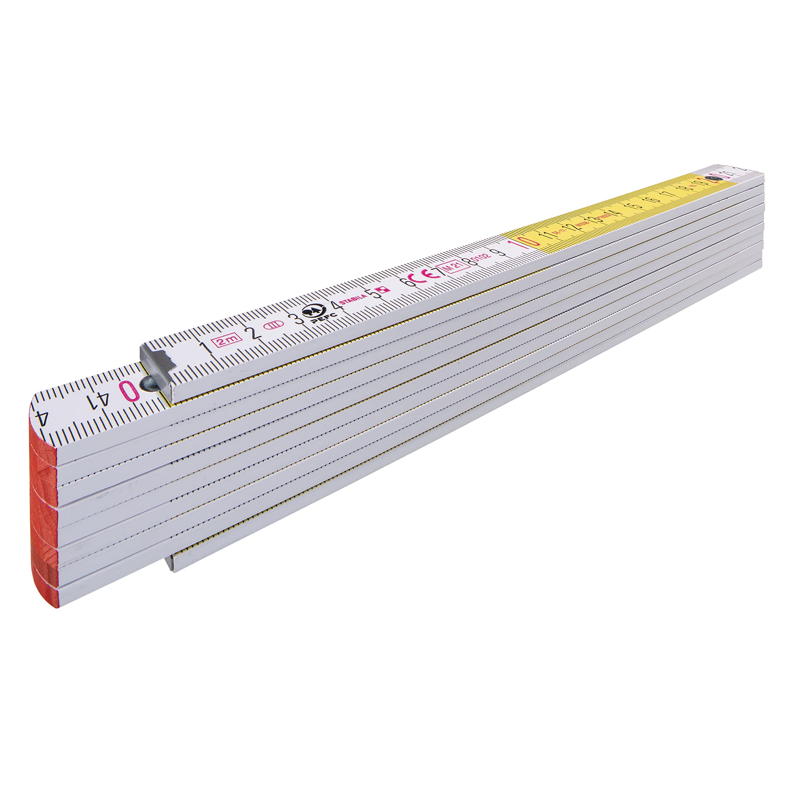 STABILA Folding Rule Type 717, 2 m, White, White/Yellow, Metric Quick Read Scale, Angle Function, PEFC Certified Wood, Polyamide Joints