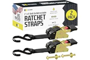 DC Cargo Mall Bolt-on Auto Retractable Ratchet Straps (2-Pack) 1” x 9ft, Heavy Duty, 1,209lb Break Strength – Tie Down Straps for Boat, Jet Ski, RZR, ATV