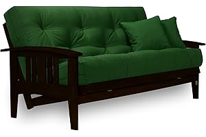 NIRVANA FUTONS Westfield Complete Futon Set - Espresso Finish (Warm Black) – Large Queen Size, Mission Style Wood Futon Frame with Mattress Included (Twill Hunter Green), More Mattress Colors Available