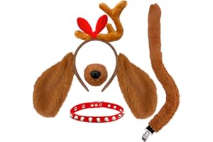 PARADI STAR Antler Headband with Dog Ears Costume Set,Headpiece Collar Nose Tail Dress Up Accessories for Kids,Adults,Dogs Christmas