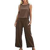 HYLLGUD Women's Summer 2 Piece Outfits Linen Sleeveless Crop Top Palazzo Wide Leg Pants Pockets Beach Lounge Set