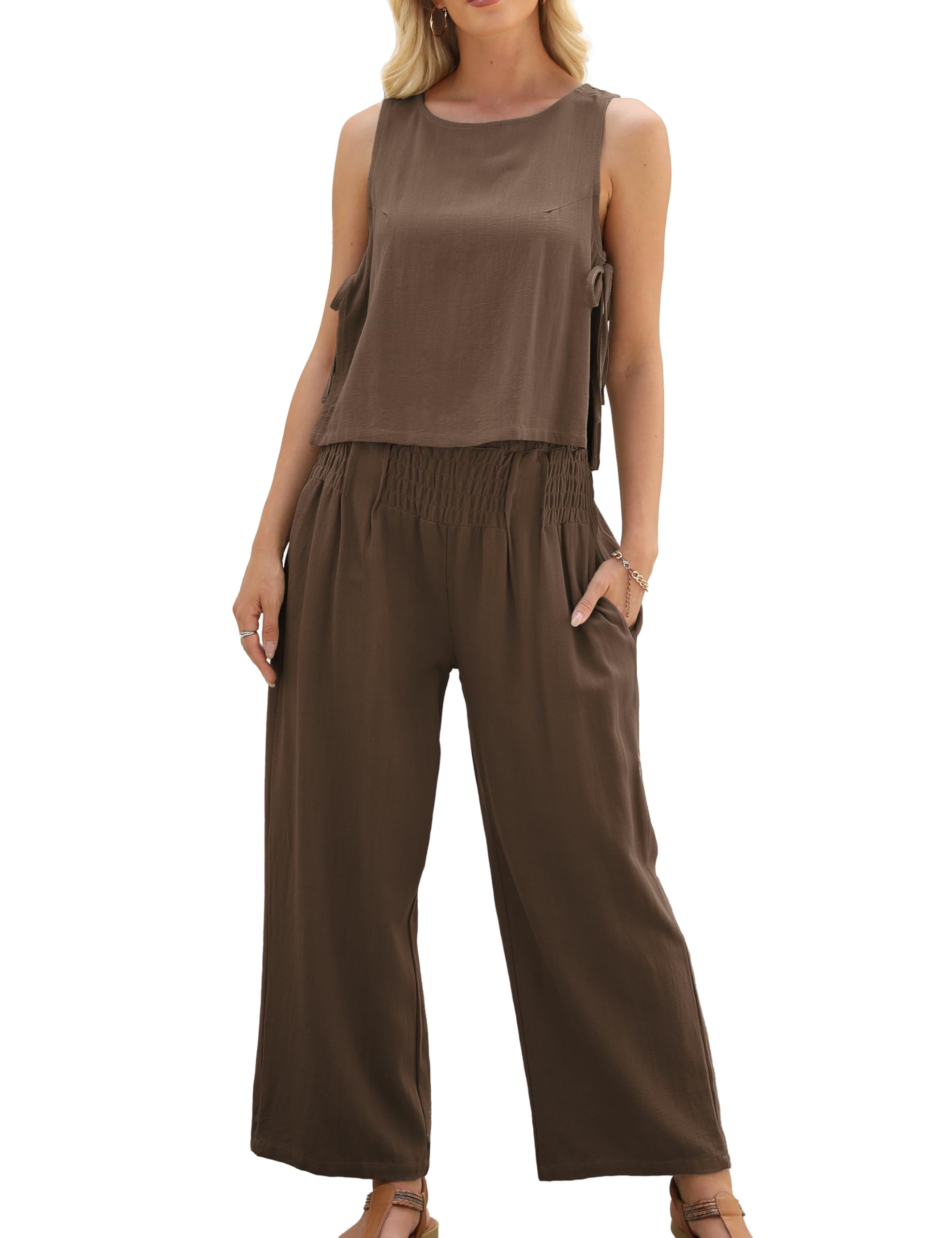 Photo 1 of (BAGGED) (USED/FAIR) HYLLGUD Women's Summer 2 Piece Outfits Linen Sleeveless Crop Top Palazzo Wide Leg Pants Pockets Beach Lounge Set(Brown-M)