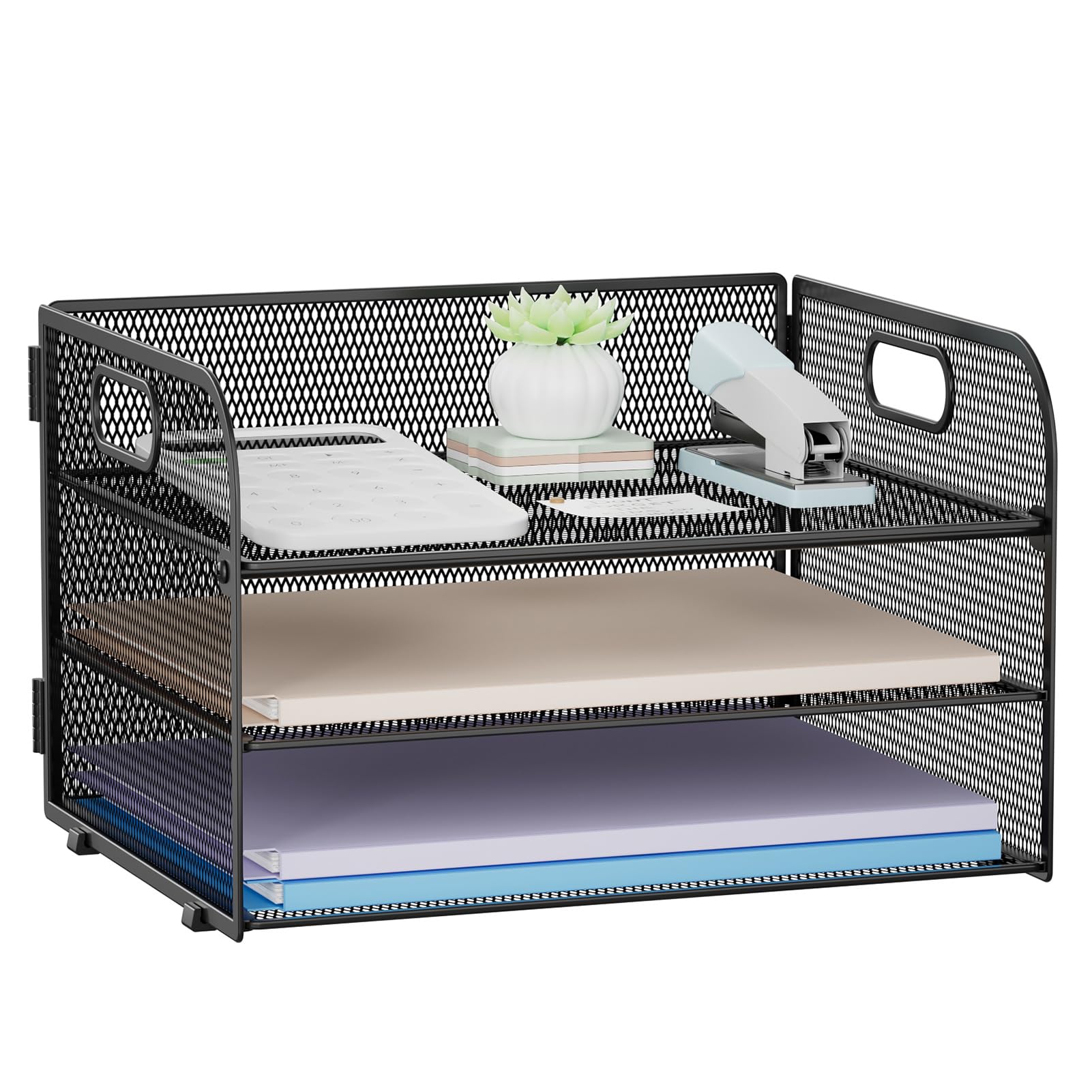 Restorgan 3 Tier Paper Organiser with Handle, Mesh Desk Organiser Letter Tray, Paper Tray Organizer for A4 File Folder, Black