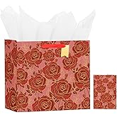 Bloomwords 13" Valentines Day Gift Bags with Card Tissue(Rose Flower) - Birthdays, Valentine’s, Weddings, Anniversaries, Kit includes Card and Tissue Paper (Red, 1 Piece)