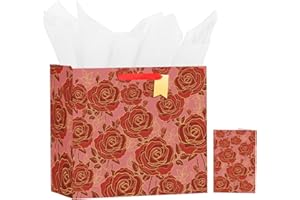 USMILEGIFT 13" Valentines Day Gift Bag with Card and Tissue Paper for women Celebrating Birthdays, Valentine's Day, Weddings, Anniversaries, Mother's Day, Easter, Baby Showers(Red Rose ,1PCS Rose Gift Bag)