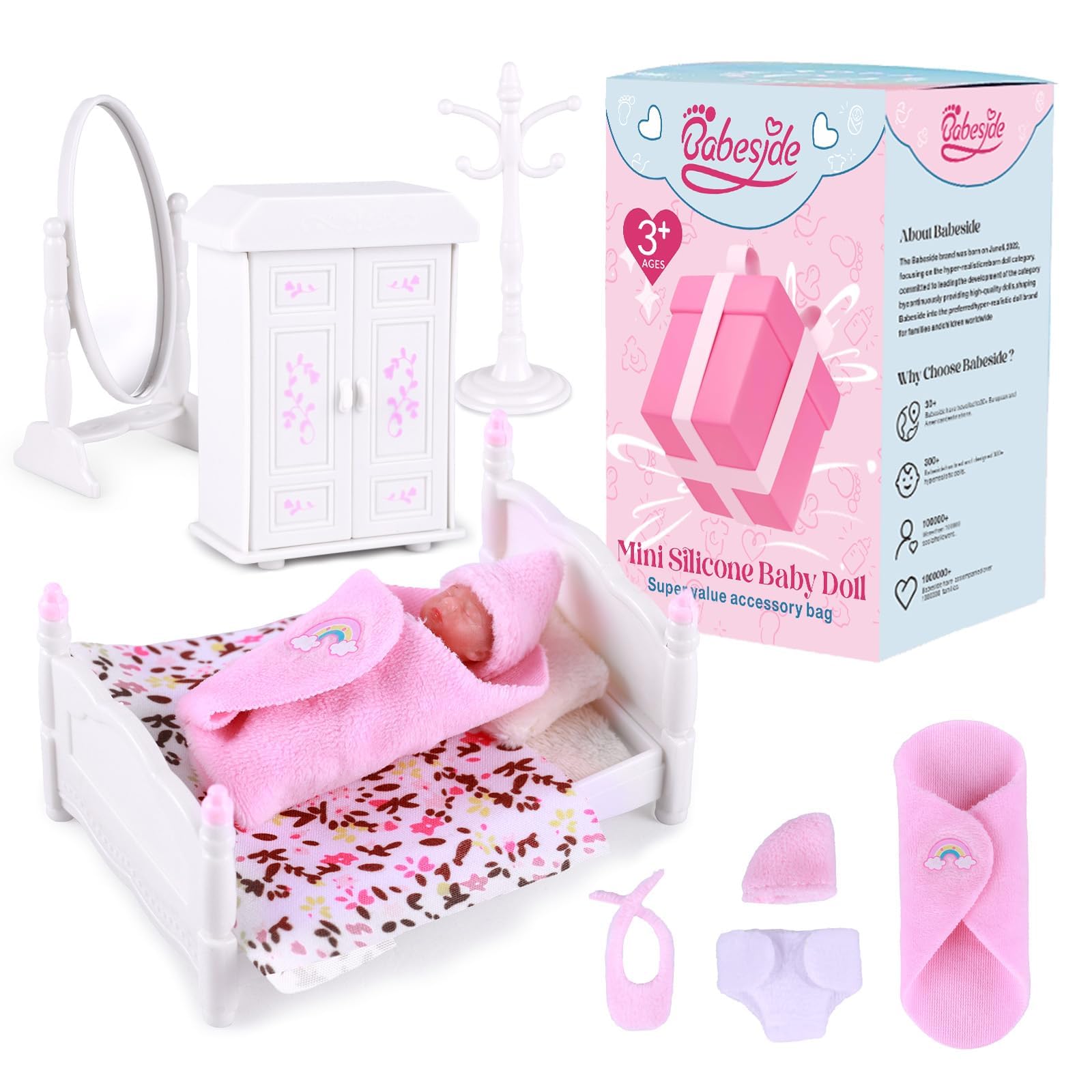 BABESIDE Mini Silicone Reborn Baby Dolls - 3 Inches Adorable Sleeping Newborn Baby Doll, Realistic Miniature Reborn Baby with Furniture Accessories and Bibs, Hats for Kids Aged 3+ (Pink)
