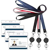 AIWOQI 3 Pack Lanyards with Horizontal Waterproof Clear ID Badges Holder and Retractable Badge Reel,for Cruise,Office,Neck,id Card,Keys,Black,Red&White,Navy Blue