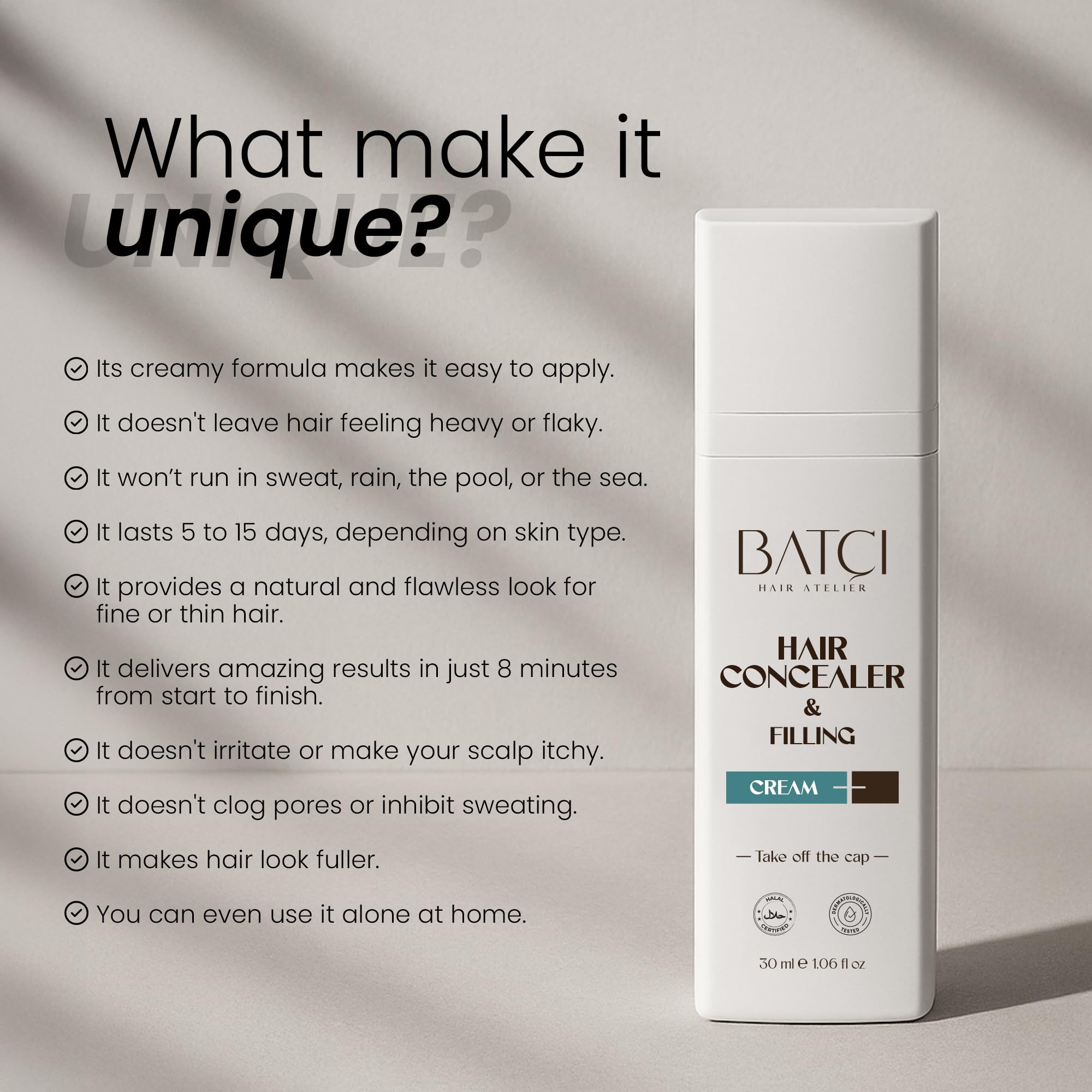 Batcı Hair Concealer & Filling Cream for Bald Spots & Thinning Hair – Waterproof, Sweat-Proof Scalp Coverage – Natural Root Touch-Up Cream for Men & Women – 30ml