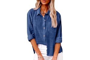 SHOPESSA Linen Shirts for Women Summer Plain Linen Button Down Shirts Long Sleeve Linen Top with Pockets Collared Blouse