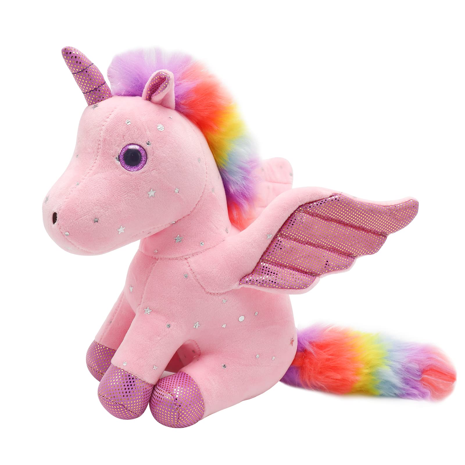 Heionia Unicorn Plush Toy Soft Stuffed Animal Doll Cute Pony Toy with Corner Wings Rainbow Tail, 9IN, Birthday Gifts for Girls Kids (Pink)