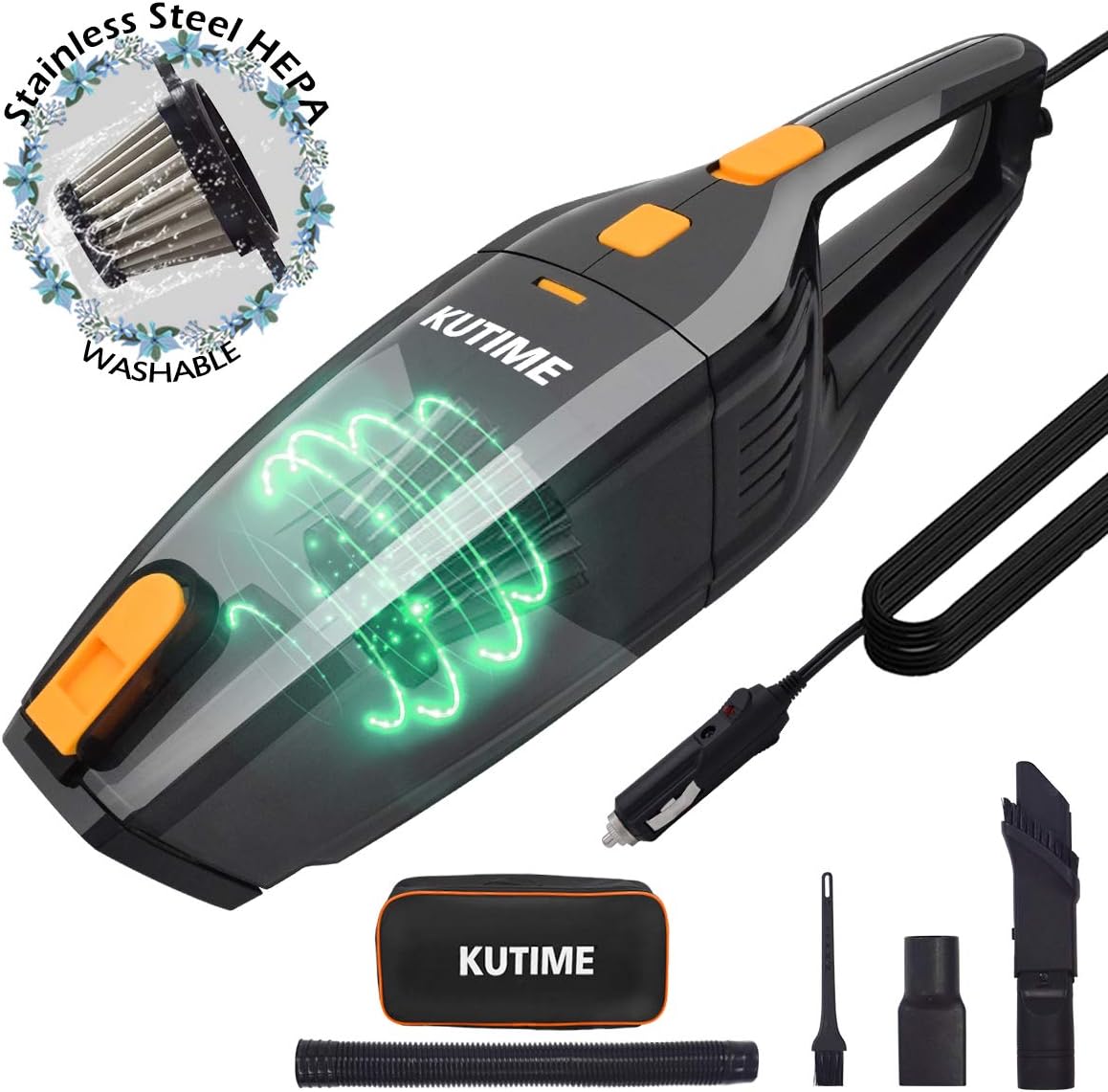 FRUITEAM Car Vacuum Cleaner, Corded Car Vacuum Strong Suction Wet Dry Vac, DC 12V 120W Portable Auto Vacuum Cleaner Handheld Vacuum High Power, Washable Stainless Steel HEPA