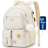 kadilong Cute Middle High School Bags Bookbag for Teen Girls,Laptop Backpack for Women,Back Pack Knapsack for College Student(Beige)