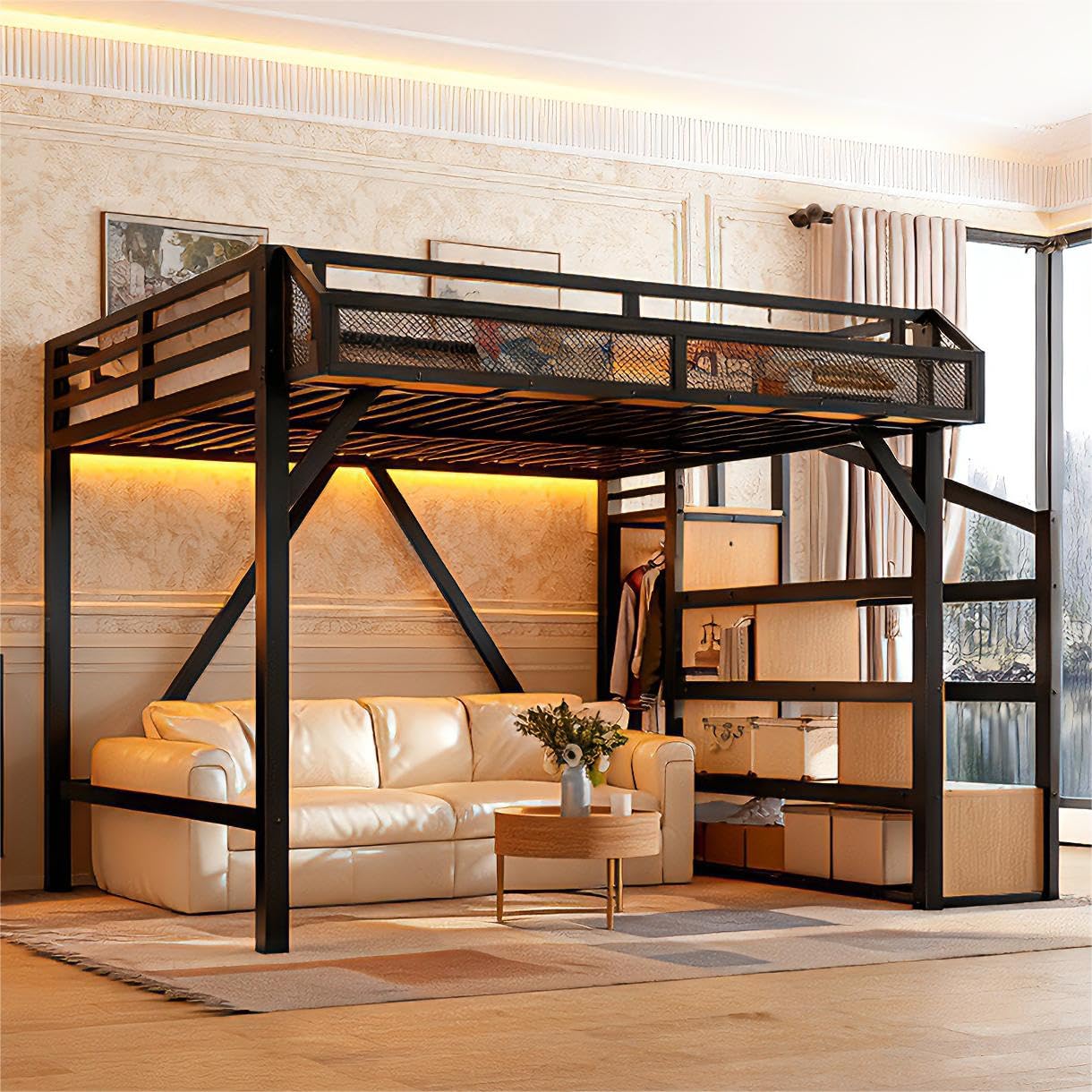 Photo 1 of *PARTIAL SET*
Bellemave Queen Loft Bed Frame with Storage Stairs, Beside Shelf & Wardrobe, Metal Queen Size Loft Bed with USB Ports&LED Light, Large Under-Bed Space Loft Beds for Adults,Teens, Kids, Black Natural